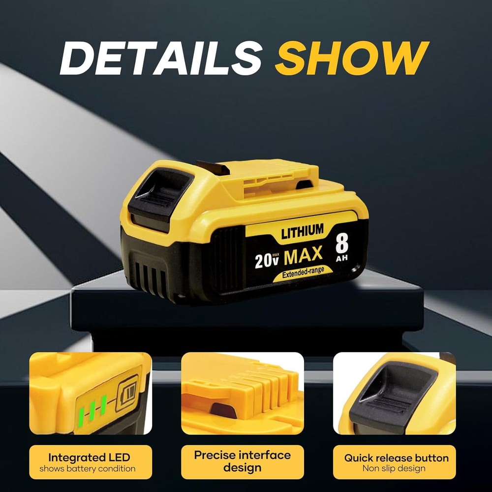 2PC 8.0Ah Battery Replace for Dewalt 20V DCB208 DCB206 Drill Tools LED Indicator