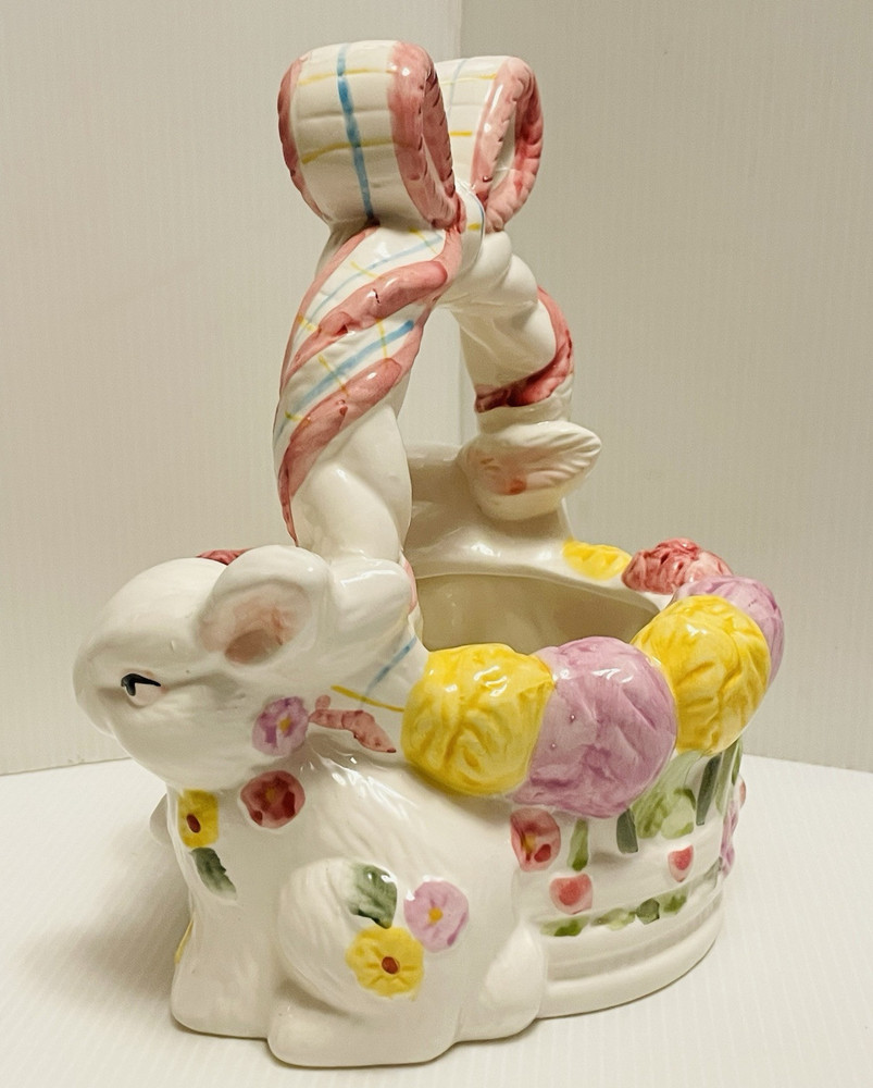 Ceramic Easter Egg Basket with Bow Handle Spring Bouquet and 2 Bunnies/Rabbits.
