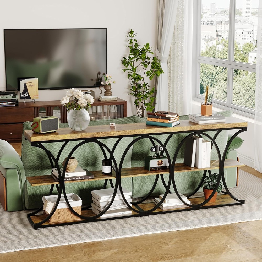 3-Tier Industrial Entryway Table with Metal Frame, Open Shelf Console Sofa Table
