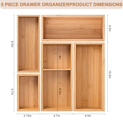 Bamboo Drawer Organizer 5 Pcs for Kitchen Multi-purpose Storage Dividers for
