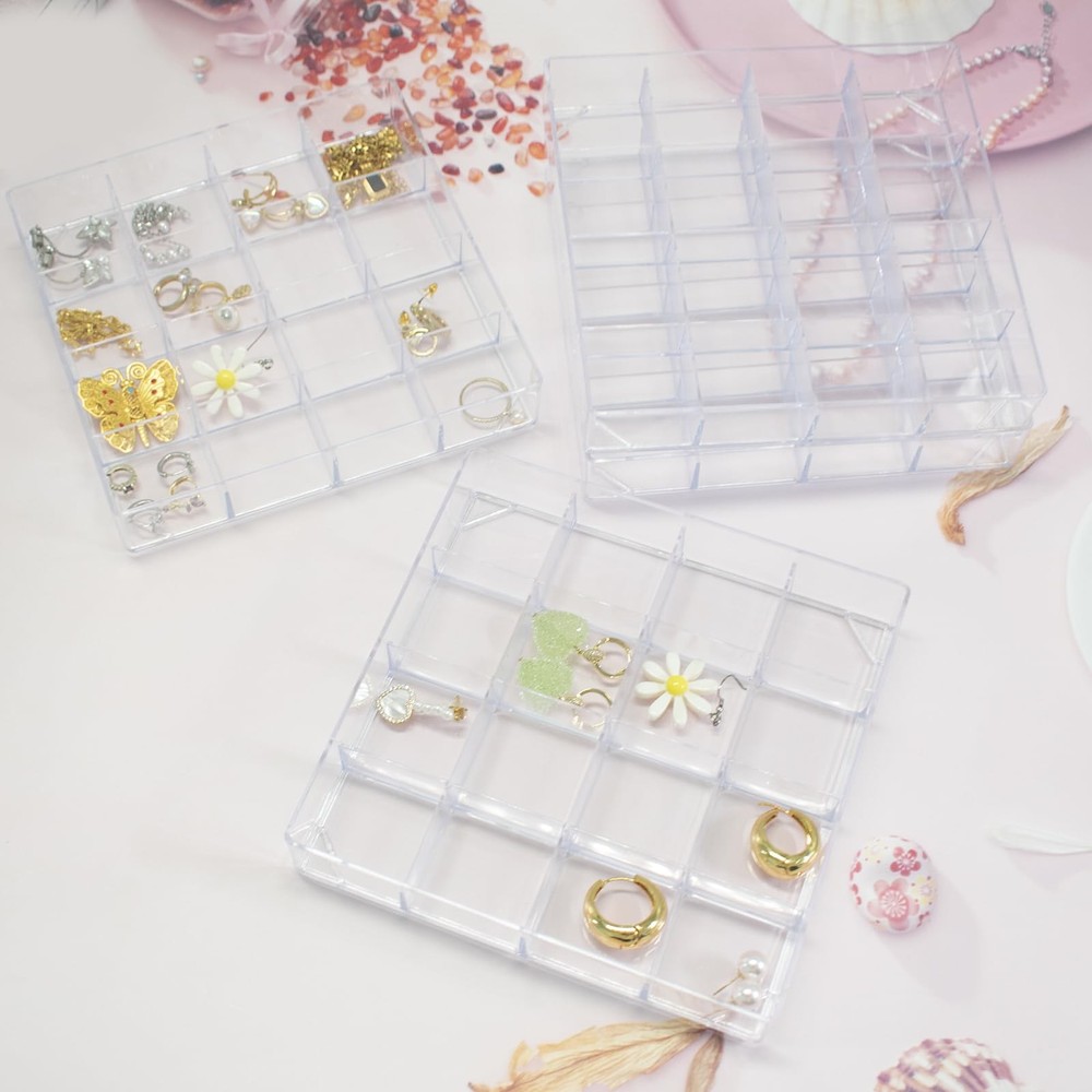 4 PCS Stackable Jewelry Organizer Tray, Plastic Storage Box with 16 Mini Grid...