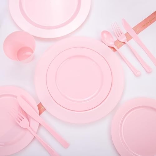 150 Pieces Pink Plastic Plates Disposable - Pink Dinnerware Set Solid Pink