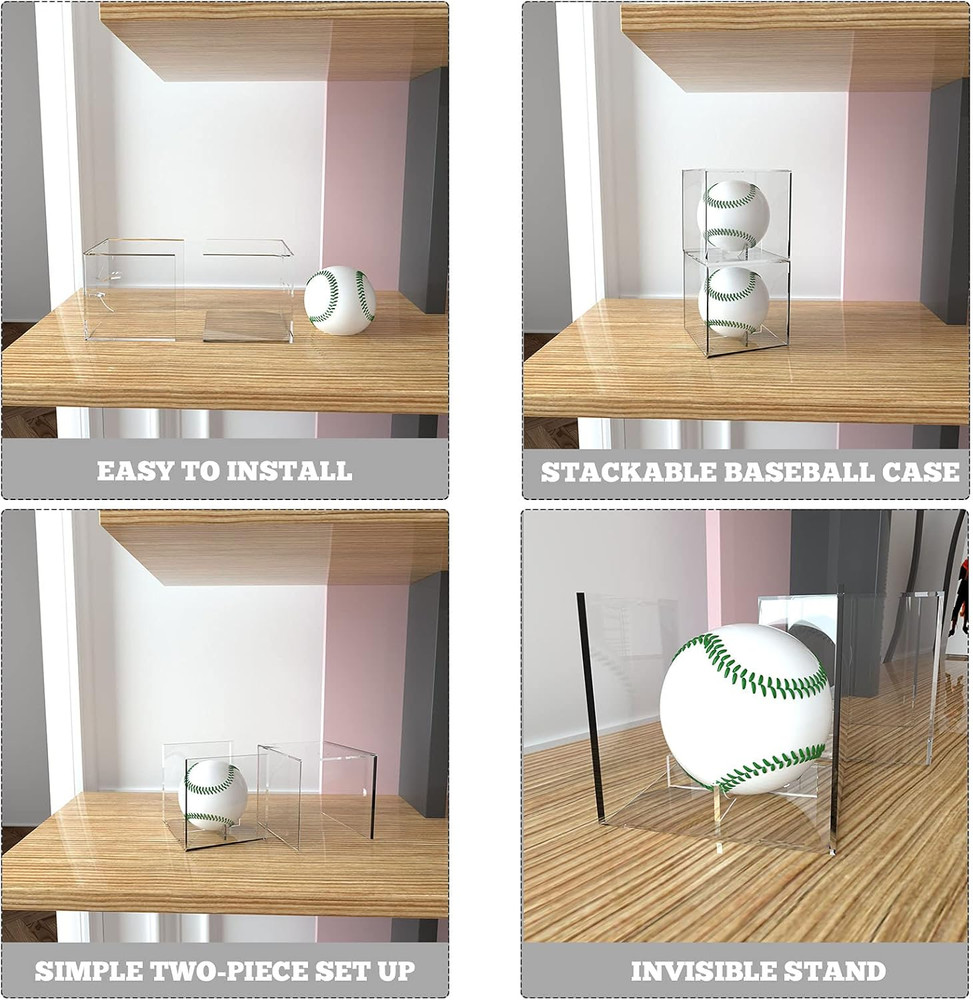 4 Pack Baseball Display Case, UV Protected Acrylic Square Baseball Holder, Clear