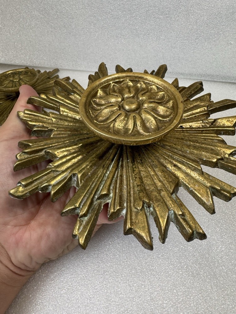 Rare 2 Vintage Mid Century Hollywood Regency Brass Sunburst Cabinet Knobs Pulls