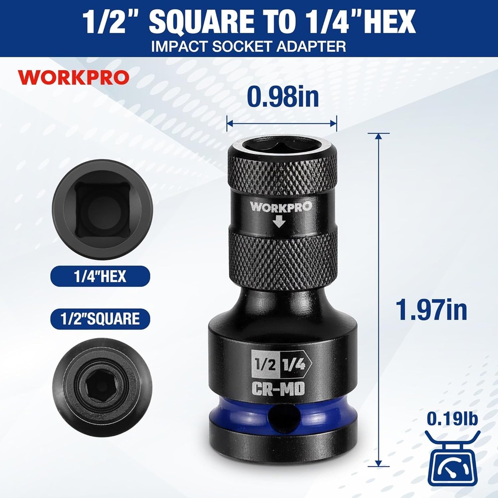 WORKPRO 1/2" to 1/4 in Hex Quick Release Square Impact Socket Adapter Bit Holder