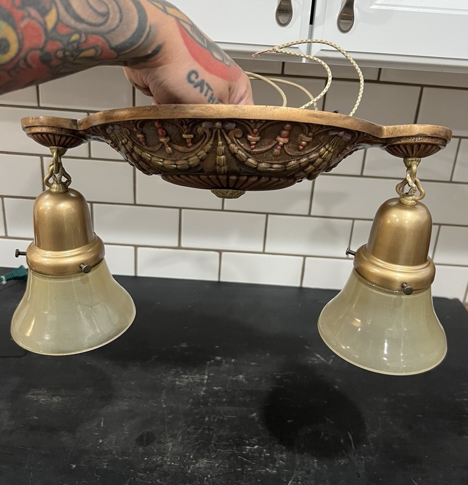 Antique Polychrome Single Double Socket Flush Mount Fixture Rewired 99K