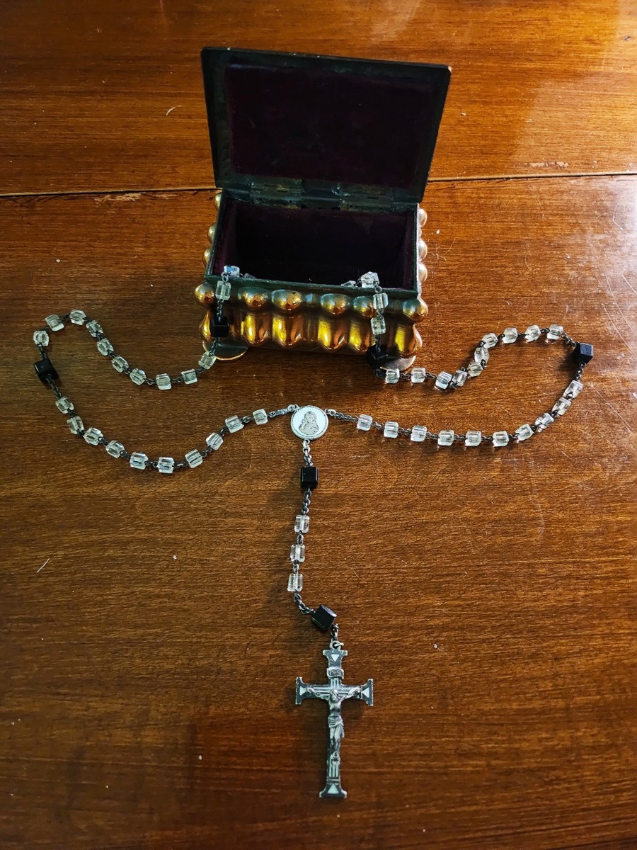 Antique Swift & Fisher Sterling Silver White Enamel Rosary & Vtg Art Nouveau Box