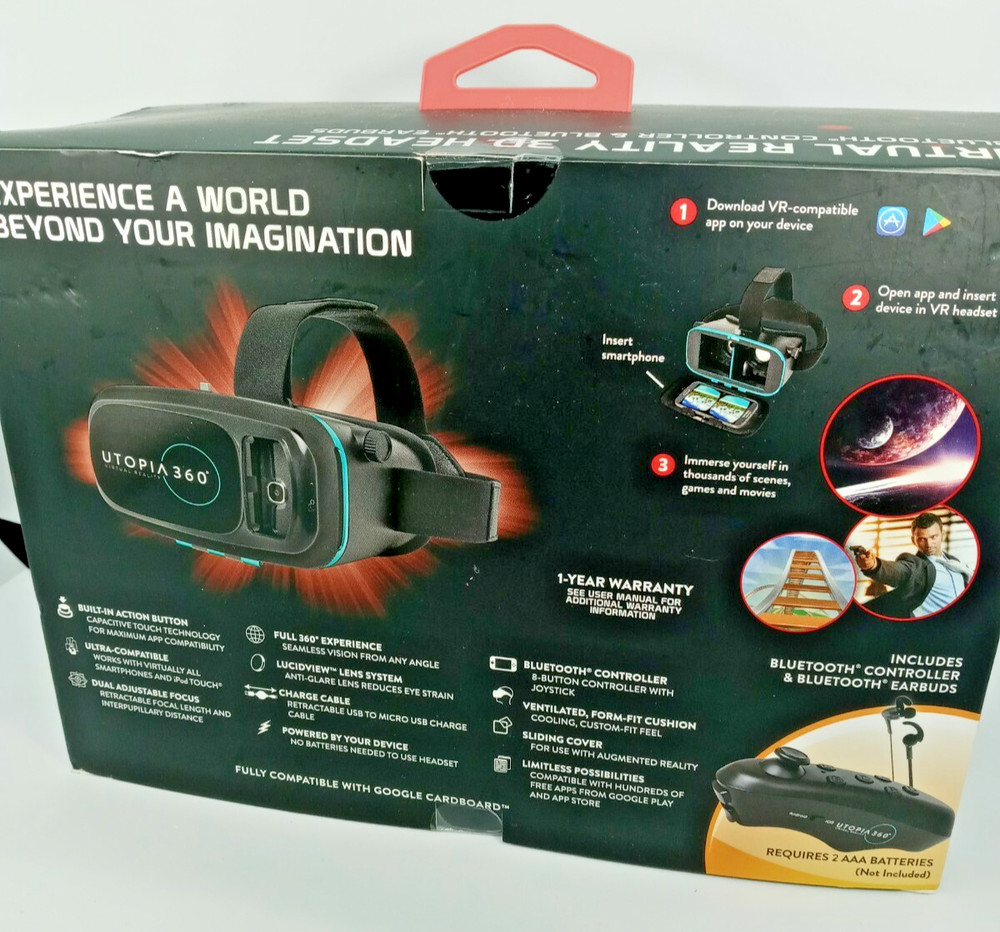 Utopia ReTrak 360 Degree 3D VR Headset Bundle Bluetooth Earbuds & Controller NIB