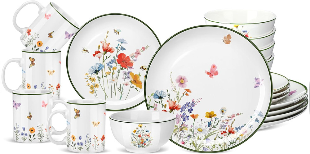 16 Pcs Wildflower Ceramic Dinnerware Set for 4 Guest Floral Dish Set Spring Butt