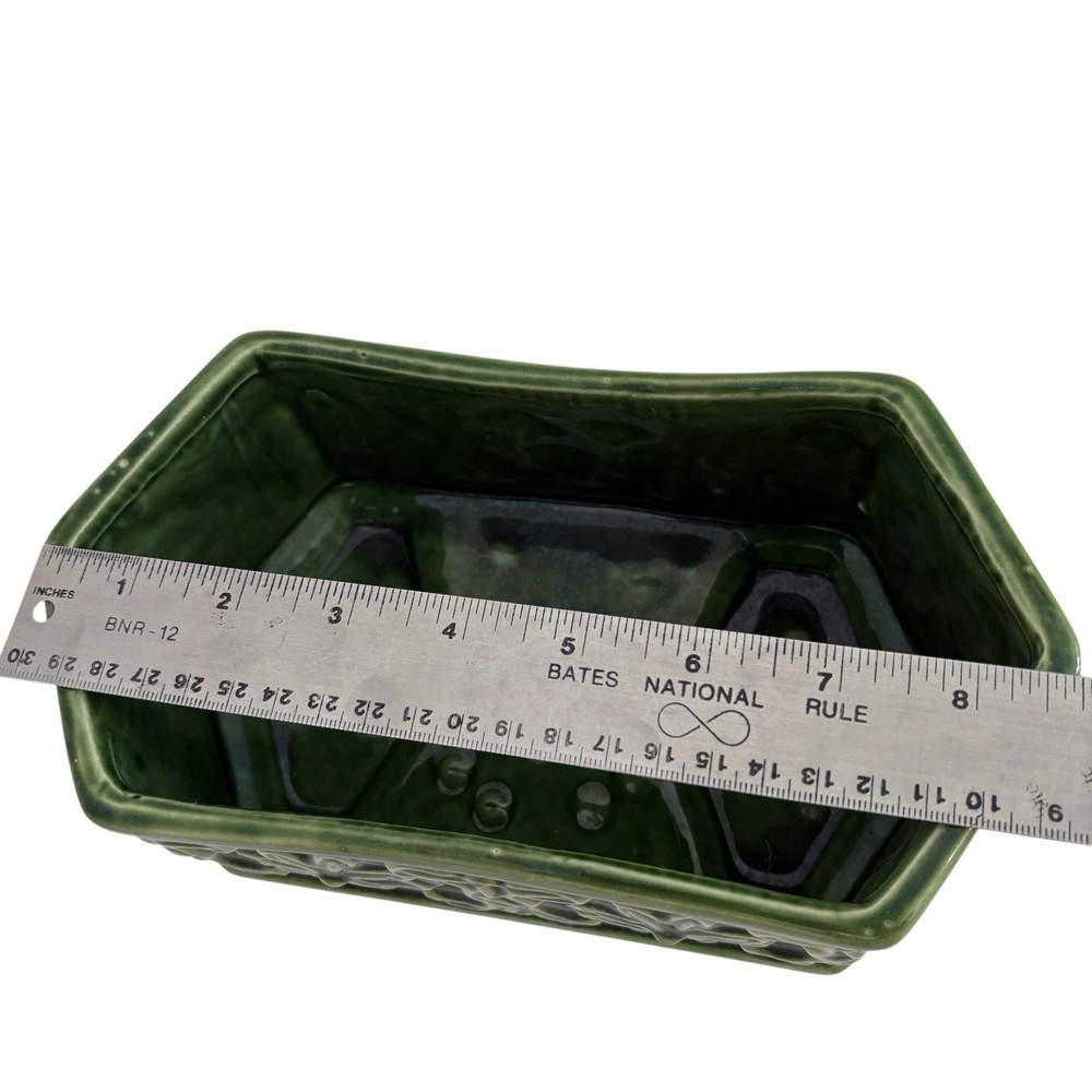 Vintage American Bisque Green Footed Rectangular Planter Floral Scroll 8.75 in