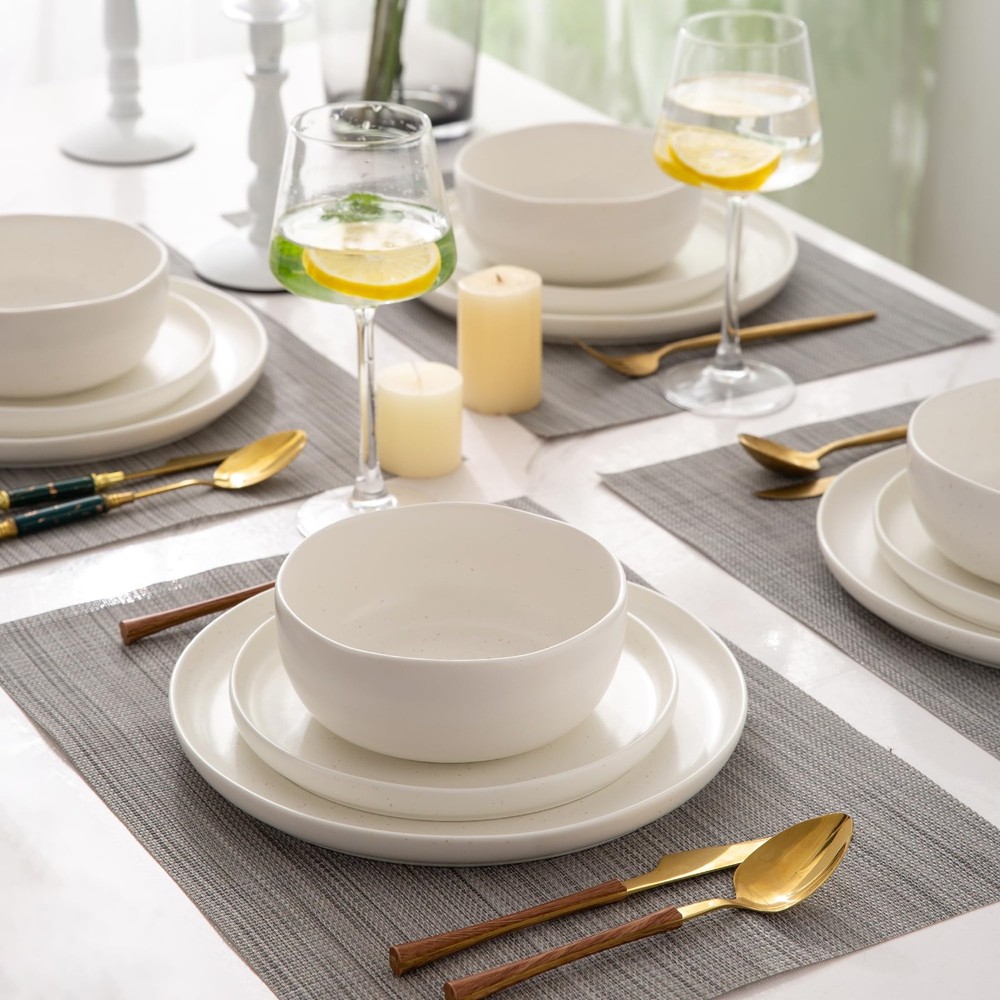 Ceramic Dinnerware Sets, Wavy Rim Stoneware Plates and Bowls Sets,Dishwasher ...
