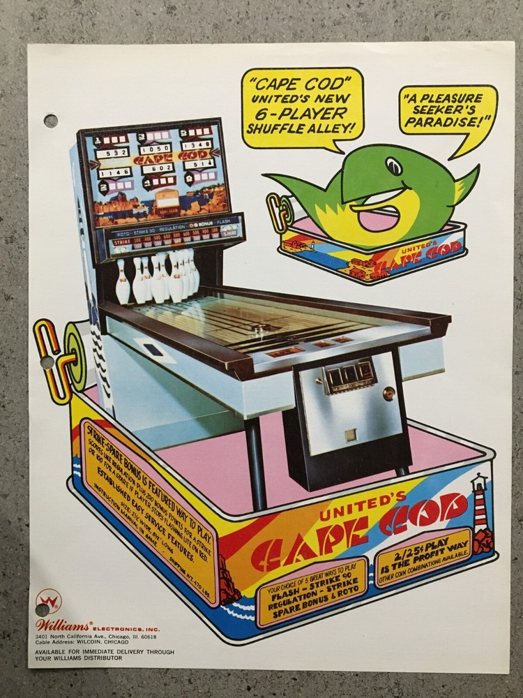 Vintage Advertising Williams Electronics inc. Bowling Game United's Cape Code