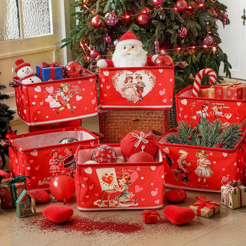 6 Pack Valentine's Day Storage Basket Collapsible Red