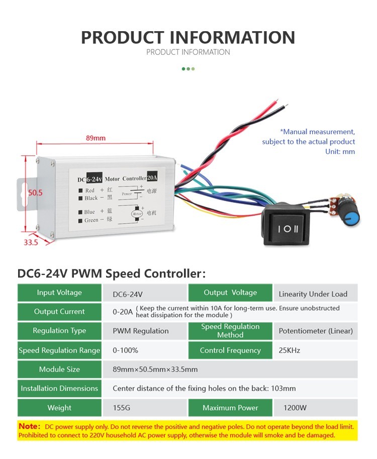PWM DC Brushed Motor Continuously Variable Transmission Controller Switch 6V~24V