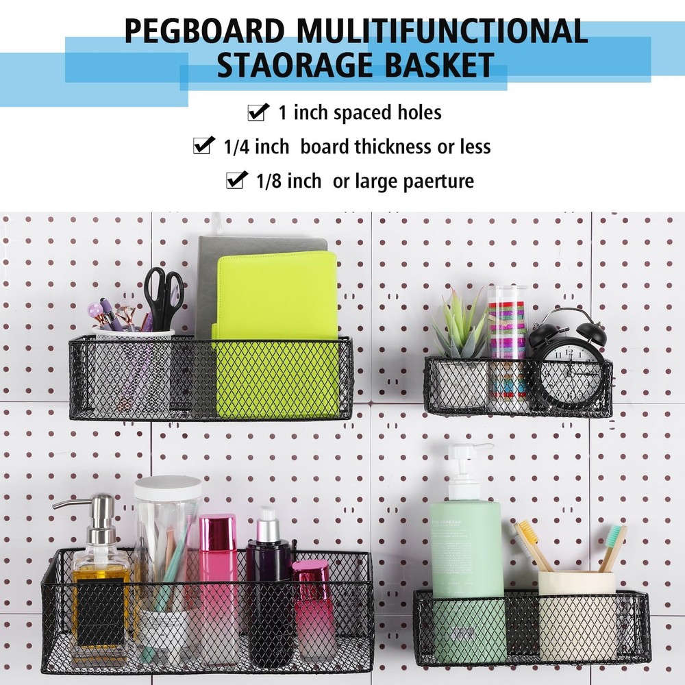 4 PCS Black Pegboard Baskets Set Metal Wire Wall Mount Organizer Garage Tool