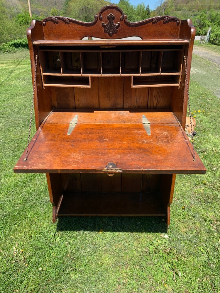Antique Secretary Desk Solid Oak Pull Down, Bottom Drawer Book Shelf Board Bat