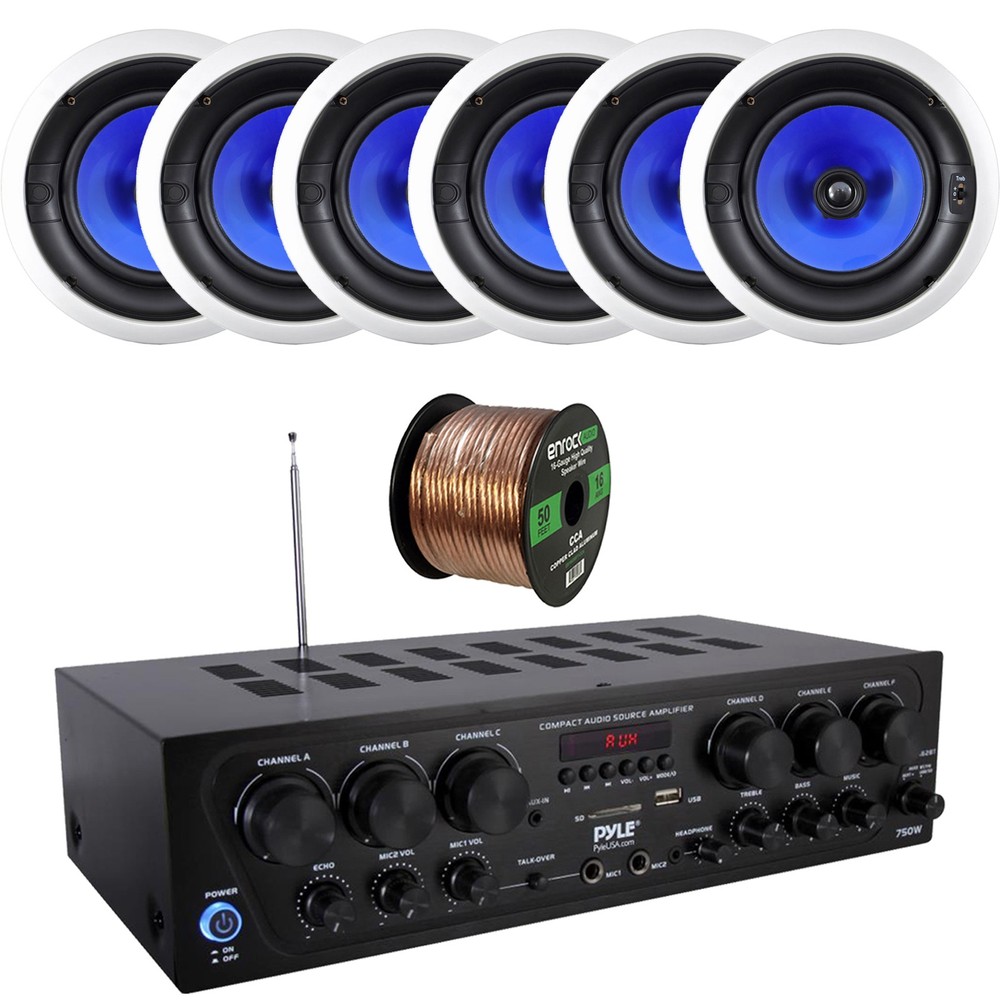 Pyle PTA62BT Bluetooth Receiver Bundle w/ 6x 8" Full Range Stereo Speaker, Wire