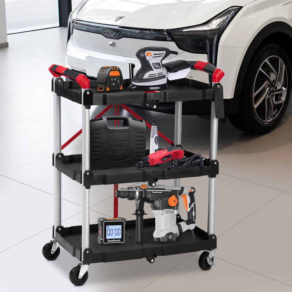 Heavy Duty Utility Cart Multi-Function 3-tier Service Cart with Wheels Foldable