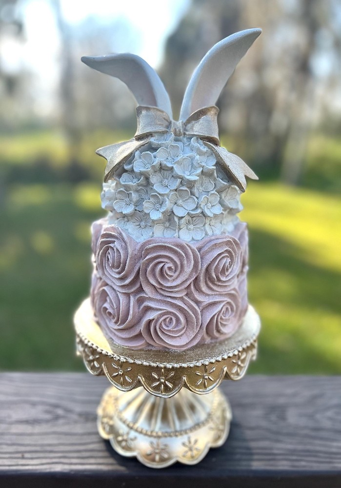 Regency Easter Cake Bunny Rabbit Ears on Pedestal Spring Decor Pink White 13.5"