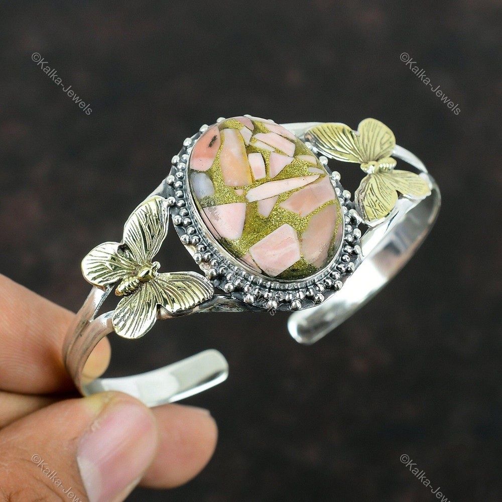 Natural Copper Pink Opal Gemstone Bangle Butterfly Adjustable 925 Silver