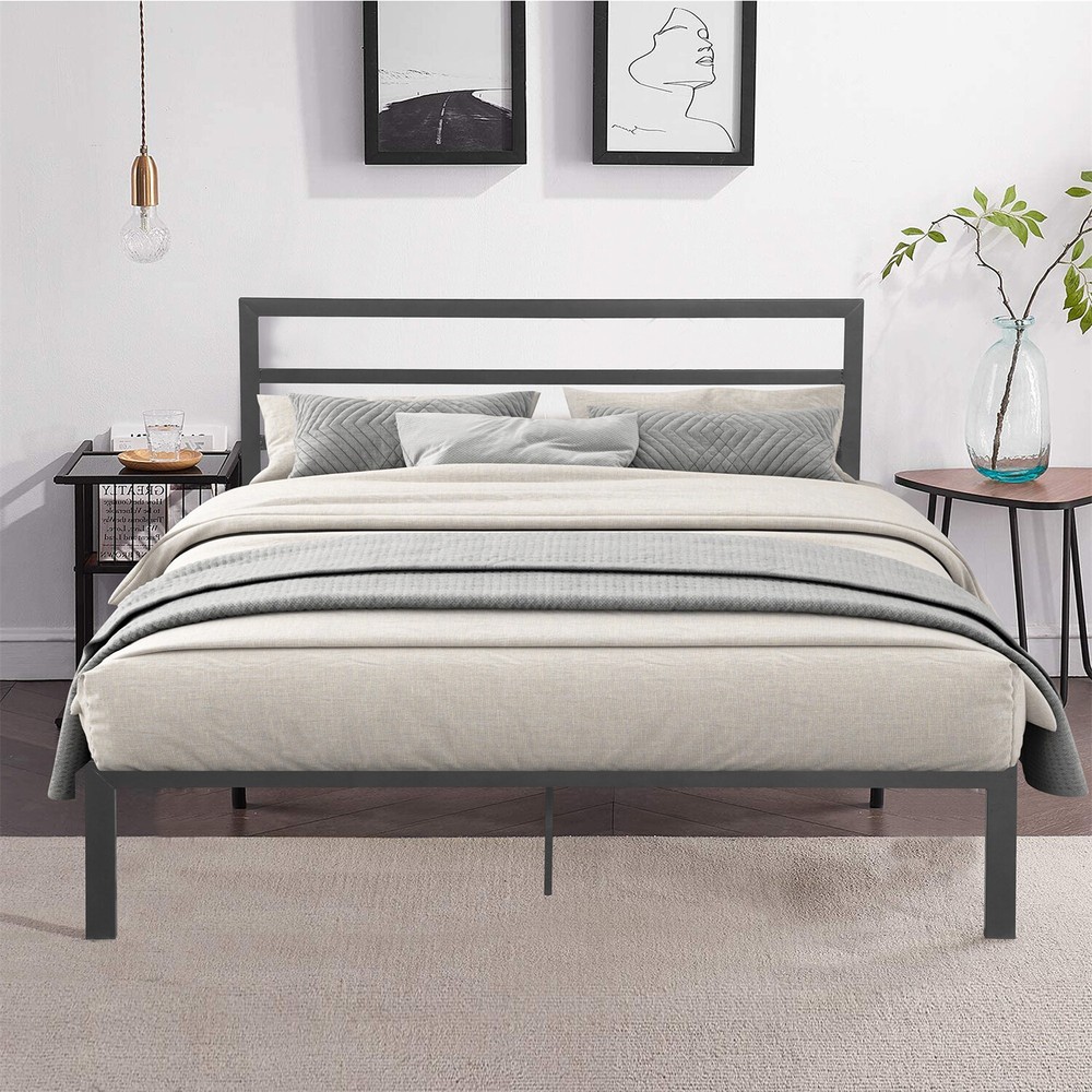 Modern Queen Size Bed Frame Metal Platform Bed Frame w/ Headboard Grey US