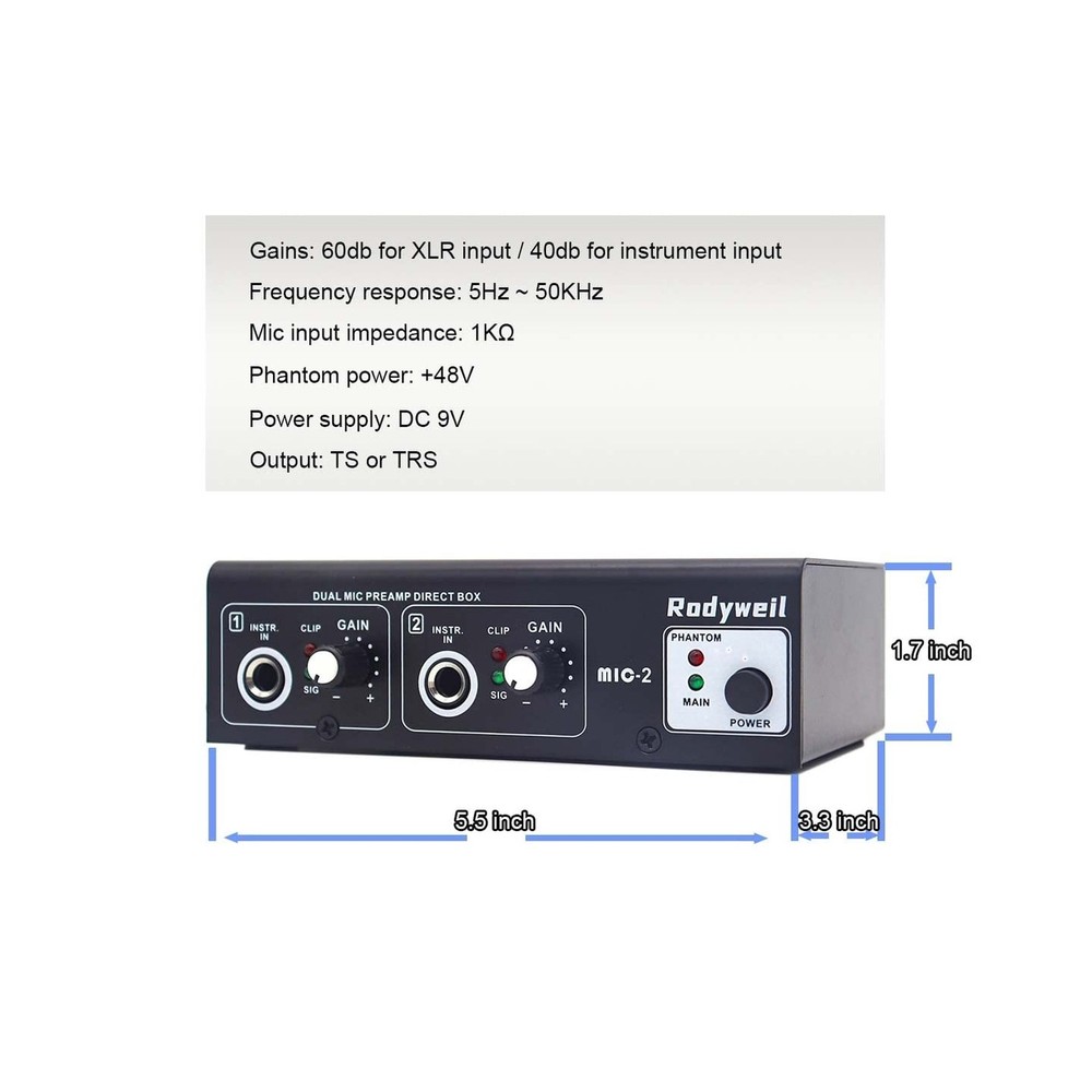 Microphone Preamp Mic Booster 4 Input Max 65db DI Box with 48V Phantom Power ...