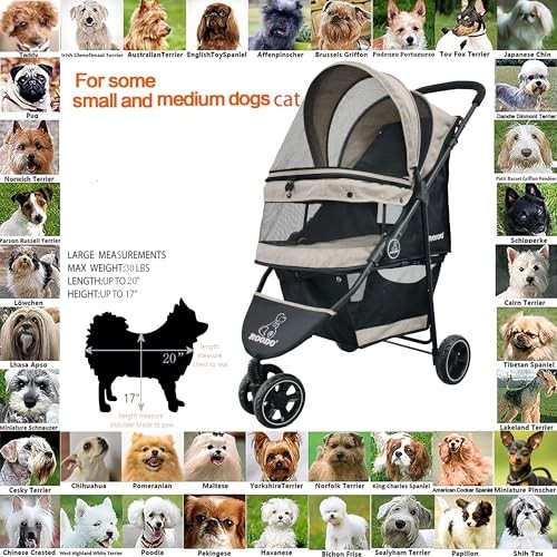 3 Wheel Dog Pet Cat Stroller Best Lightweight Foldable Compact Light khaki