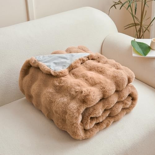 Blanket for Couch - Bread Grid Rabbit Plush Soft Warm Queen(90"x90") Coffee