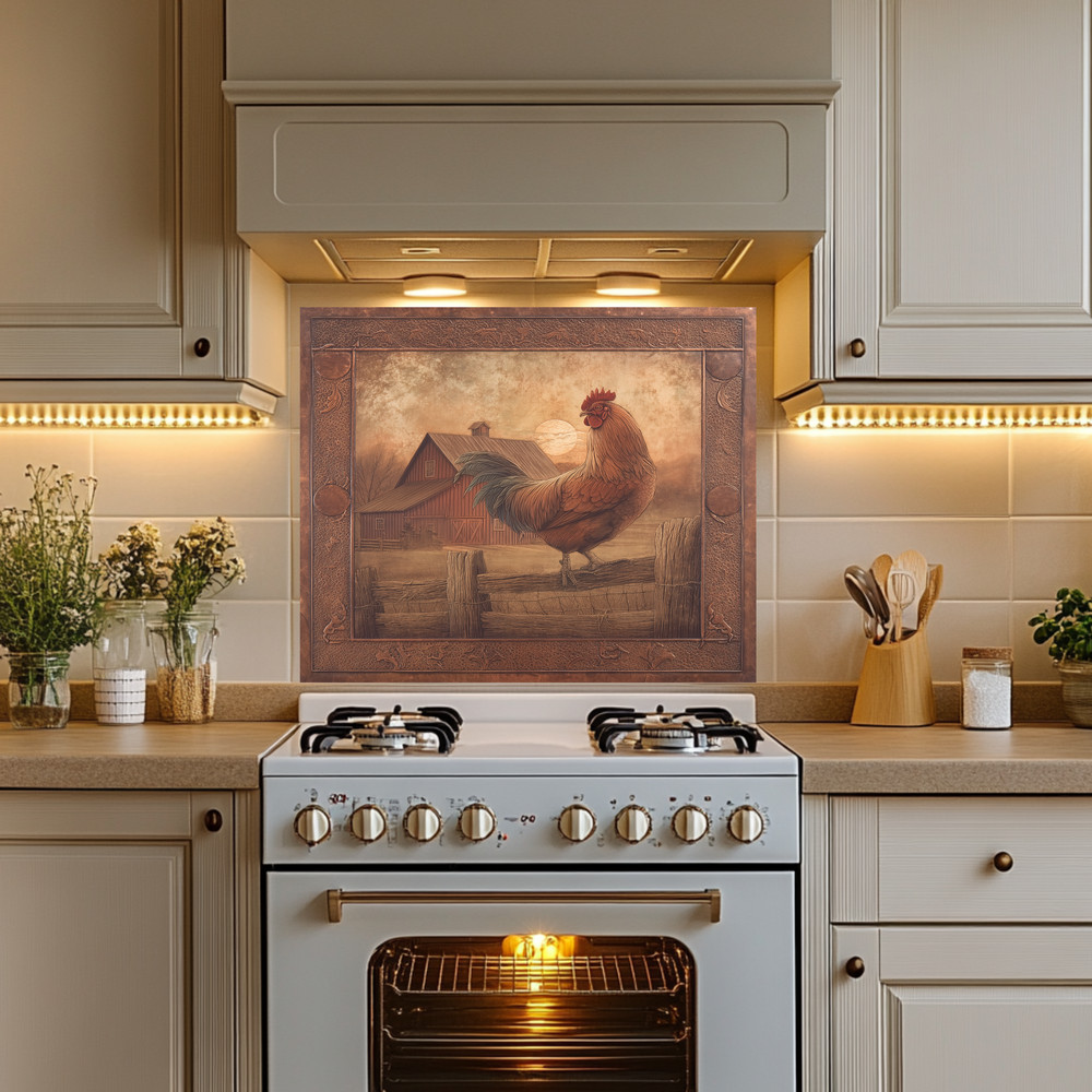Copper Embossed Look Mediterranean Rooster Glass Backsplash • Rustic Kitchen