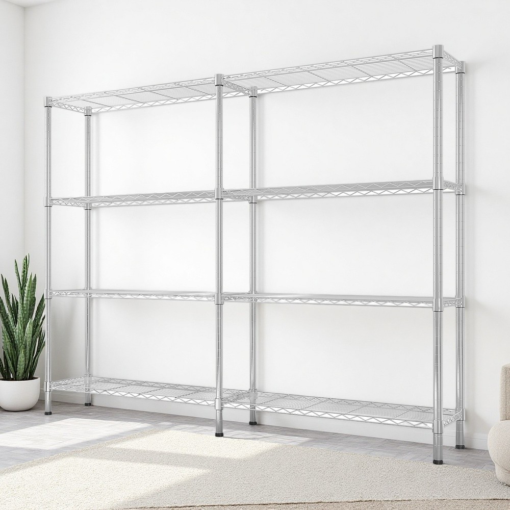4-Tier Wire Shelving Unit 2-Column - Heavy Duty, Adjustable, Modular & Silver