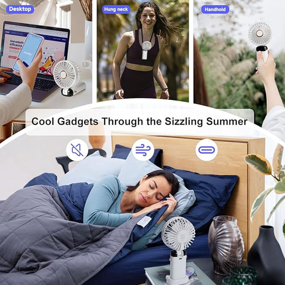 White Mini Handheld Fan USB Rechargeable Digital Display,5 Wind Modes,Foldable