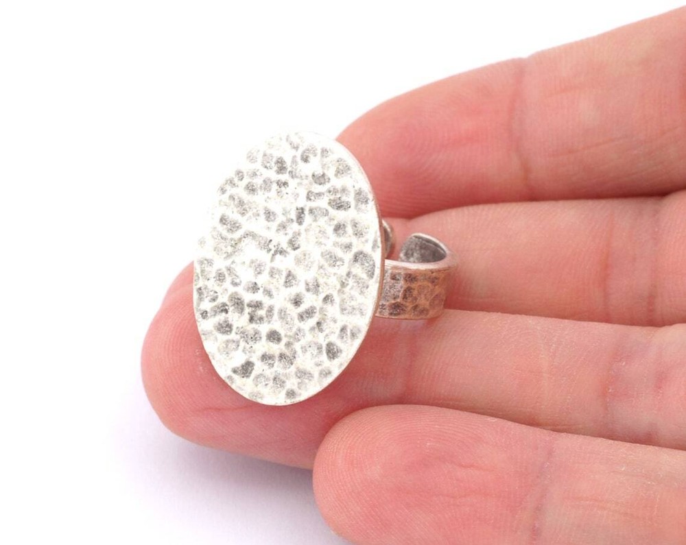 Oval Hammered Adjustable Ring Blank Bezel Base -Antique Silver Plated Brass 4936