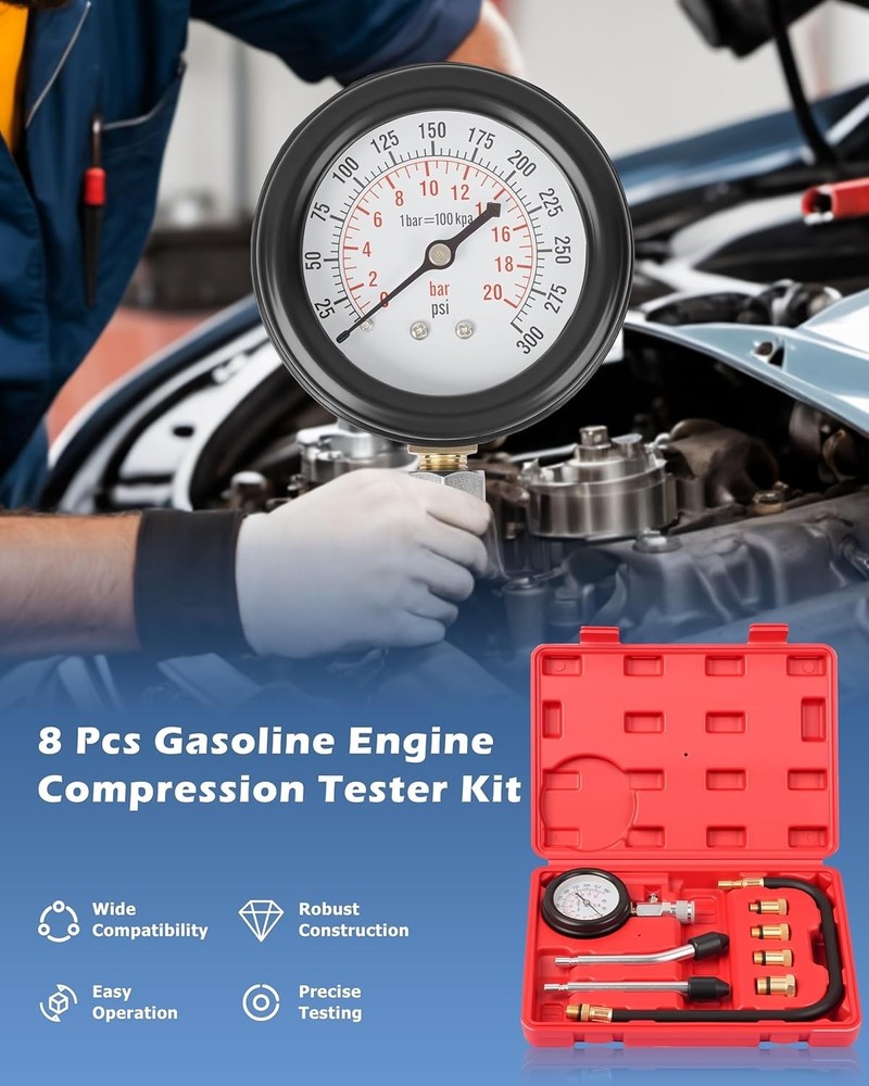 8-Piece Professional Petrol Engine Compression Tester Kit