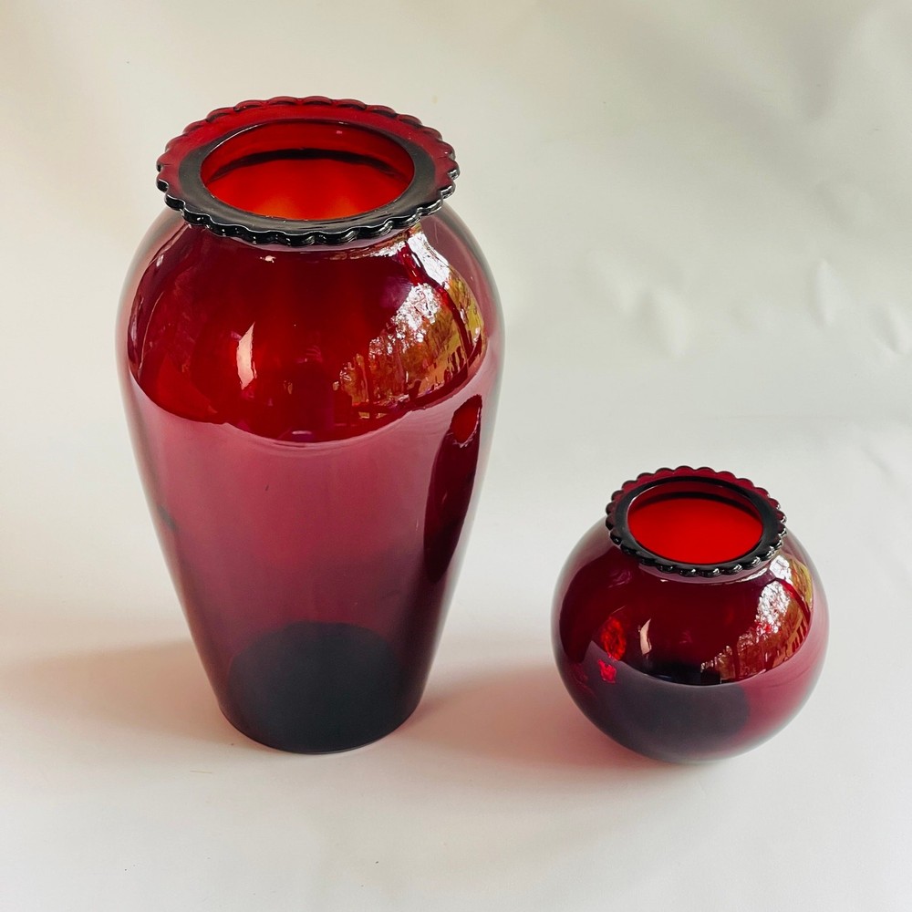 Anchor Hocking Royal Ruby Scalloped Edge Vases 9” & 3 3/4”
