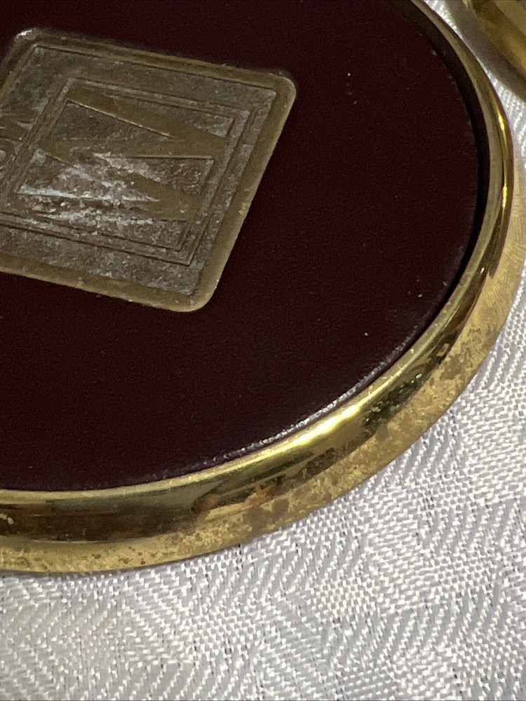 8 Vintage Solid BRASS and Brown LEATHER M MG COASTERS