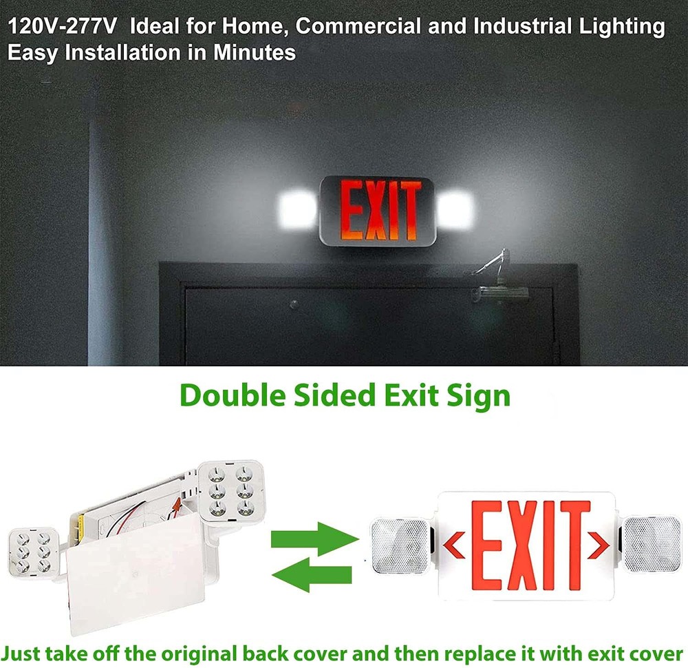 LED Combo Exit Sign Emergency Light, Double Sided with Two LED Flood Lights, ...
