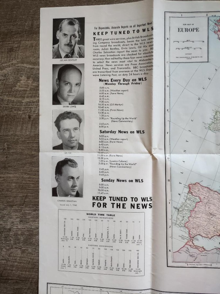 Vintage 1945 WLS WWII PACIFIC WAR Two-Sided MAP w/Original Envelope