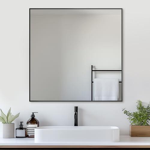 36x36 Metal Framed Bathroom Mirror, Square Edge Rectangular 36"L x 36"W Black
