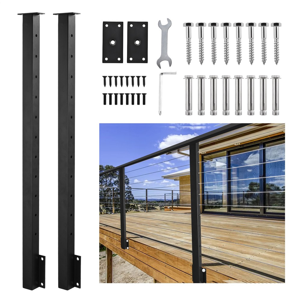 2 Pack Side Mount Cable Railing Post 38", Level Drilled Space-Saving Rail Post