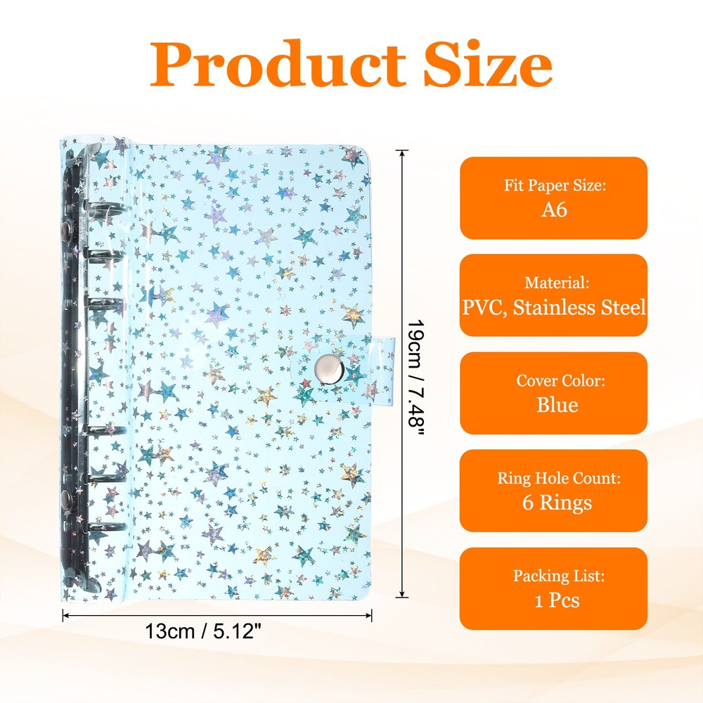 A6 Binder Cover, Stars Refillable Notebook Shell with Snap Button, Blue