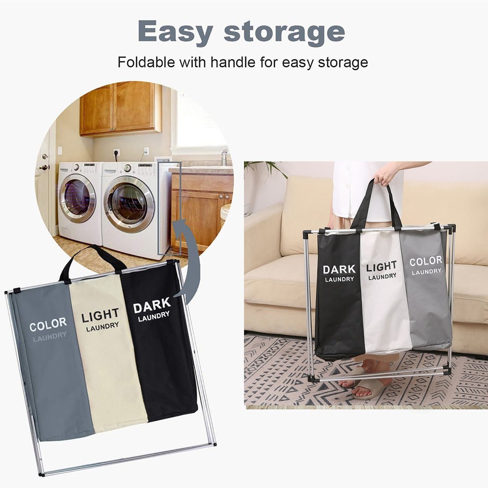 Large Laundry Basket 3 Section Foldable Dirty Clothes Hamper Storage Sorter Bag