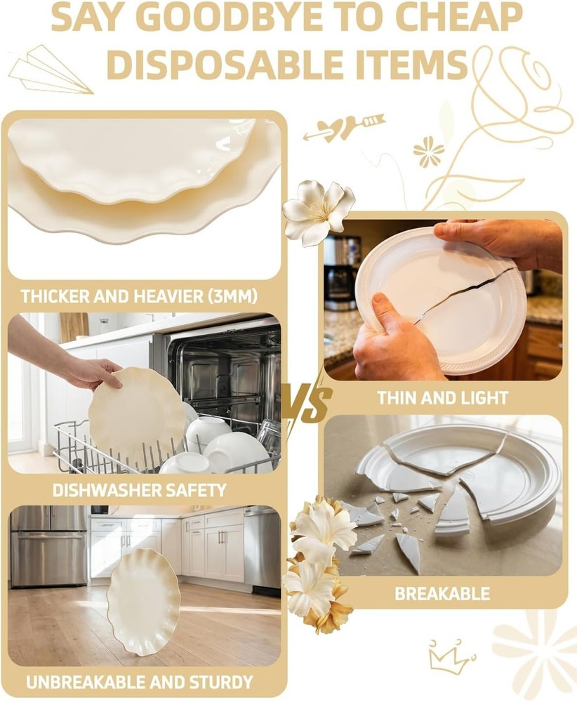 LIYH 24 Pcs Plastic Plates Reusable,Unbreakable Dinner Plates Scalloped Plastic