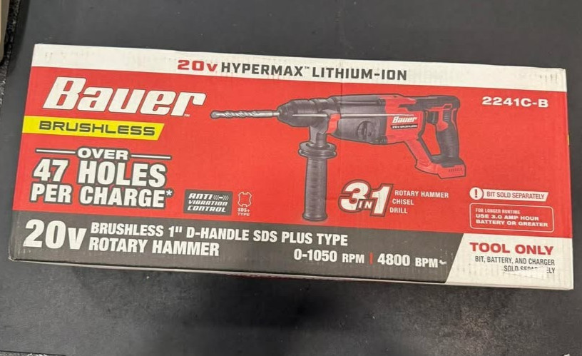 BAUER 20V Brushless 1" D-Handle SDS Plus Type Rotary Hammer TOOL ONLY (2241C-B)