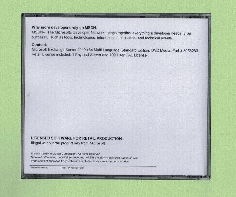 Microsoft Exchange Server 2019 Standard w Retail 100 CALs, New, Multilanguage