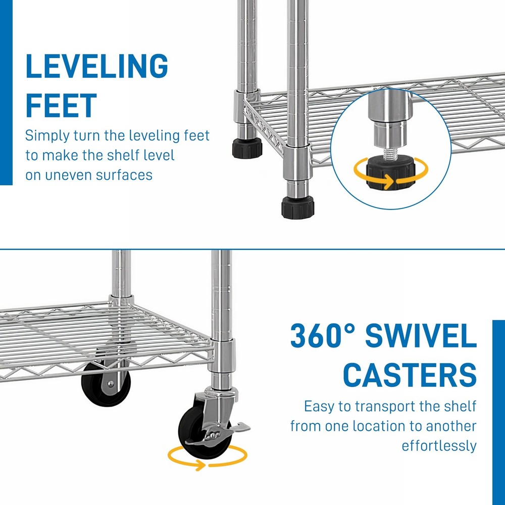 6-Tier Rolling Wire Shelving Unit - Heavy Duty, Adjustable, Hooks & Silver