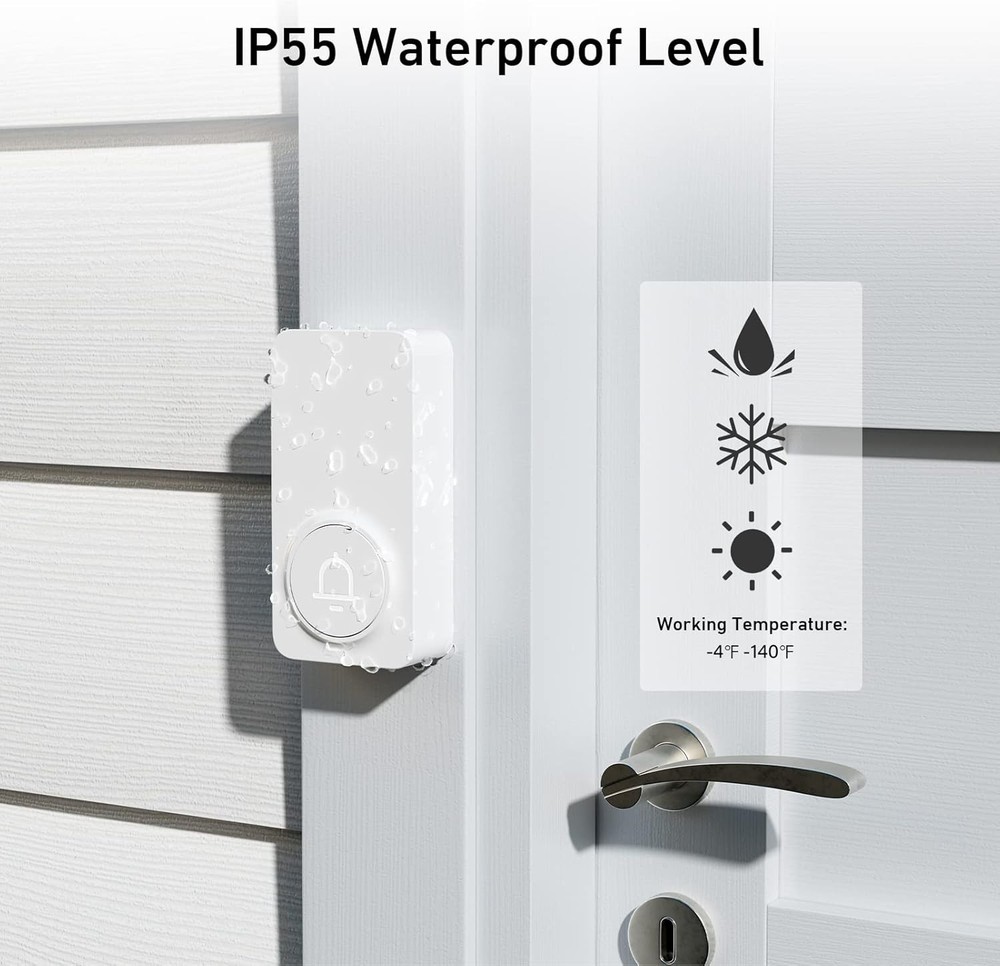 Easy Install Wireless Doorbell, Adjustable Volume, White