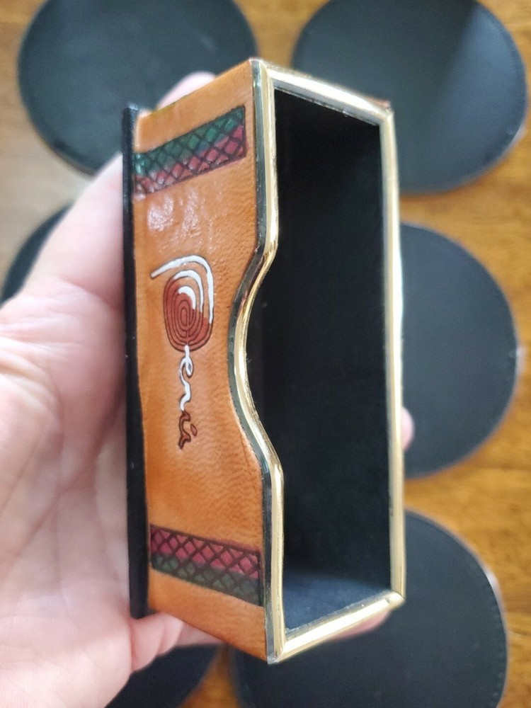 Cusco Peru Tooled painted Leather Coaster Set 6 Each 4” W/ Holder