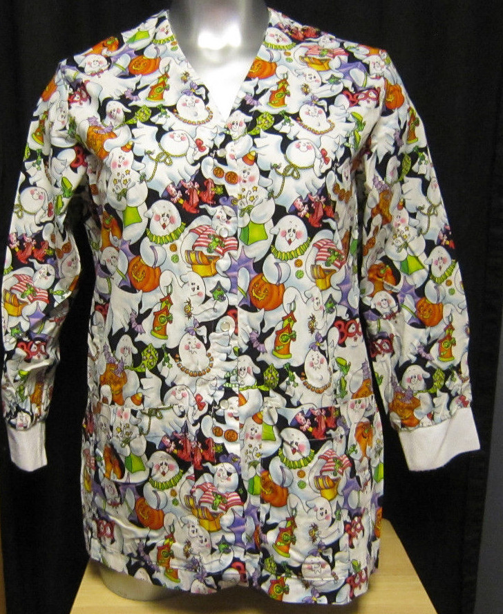 XL Hand Made Lab Coat Jacket with Ghosts and Jack O Lanterns