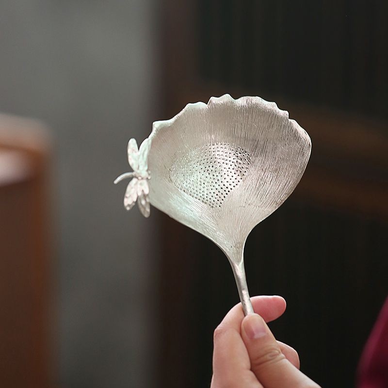 Tin Ginkgo Leaf Tea Strainer with Silver Butterfly Inlay