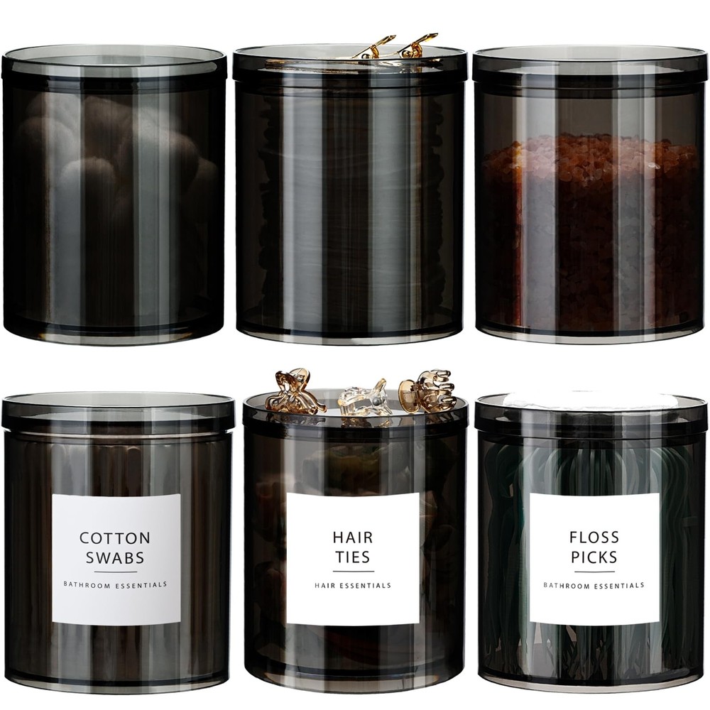6-Pack Black Stackable Apothecary Jars - (10oz & 12oz) Mixed Sizes Qtip Holde...